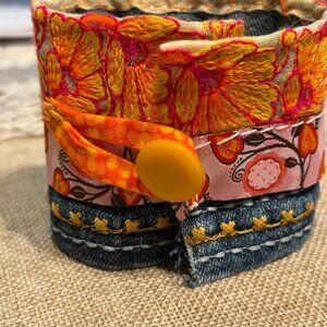 Artist Made Denim Cuff Bracelet with Orange Ribbon Accents